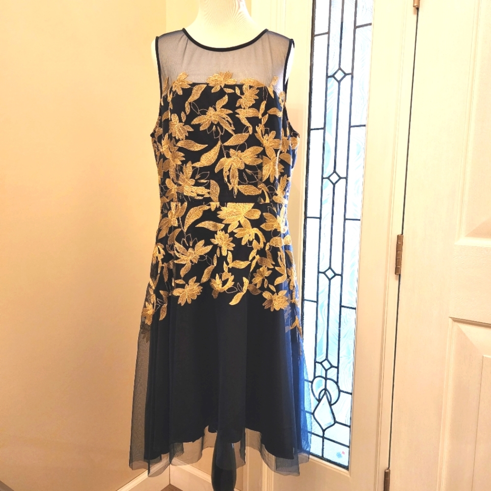 Tahari Navy Dress with Gold Floral Embroidery